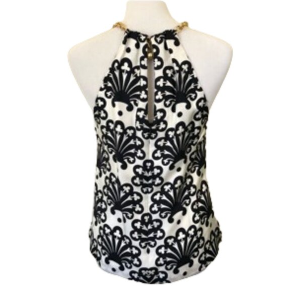 Milly 100% Silk Black White Medallion Scarf Print Halter Top Gold Chain Accent 2 - Picture 3 of 7